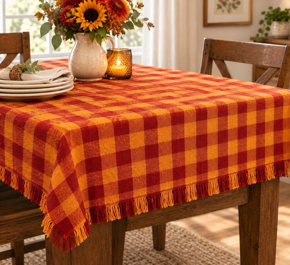 Autumn Red & Orange Checkered Fringed Fabric Tablecloth 92”x55” Vintage